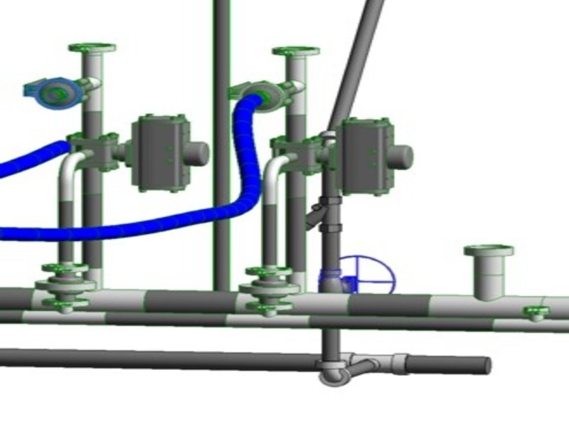 BFS Line 24 Valve Assembly After Revit BIM Modeling - Fully routed process piping with actuators and flexible hoses